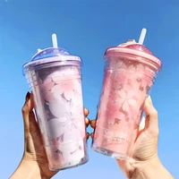 outdoor office straw cup water bottle cherry blossoms sliding cover mug portable leakproof double layer coffee juice drinkware