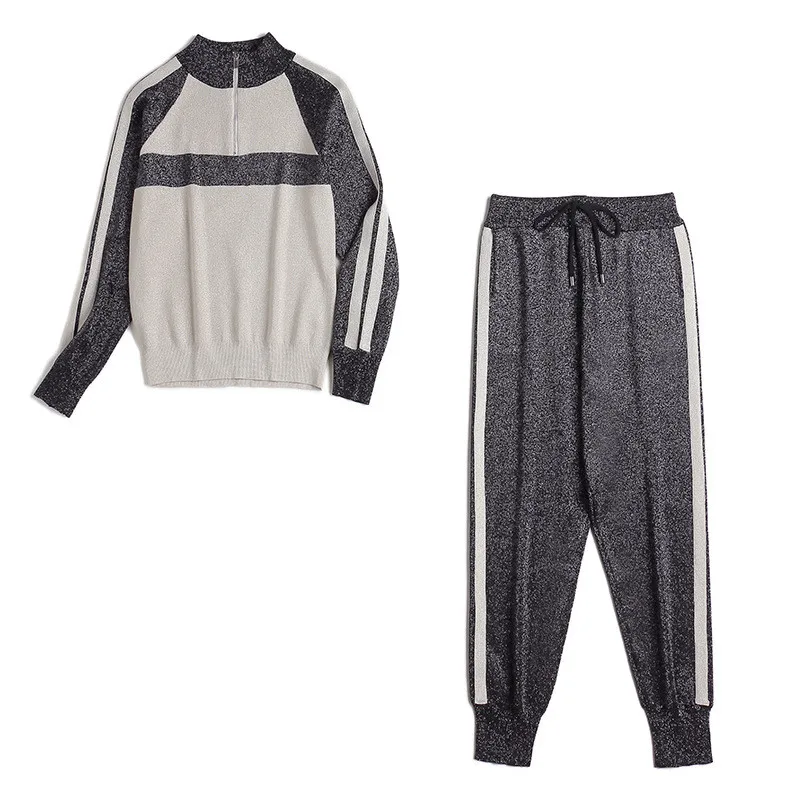 

Spring Autumn Tracksuit Woman Two Piece Set Long Sleeve Clorblock Patchwork Pullover Kintted Top And Pants Suits Casual Clothing