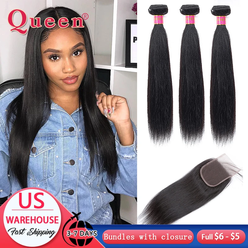Straight Hair Bundles With 13X4 Frontal  Brazilian Remy Weave With 4X4 Closure  Human Hair Extensions For Black Women Queen Hair