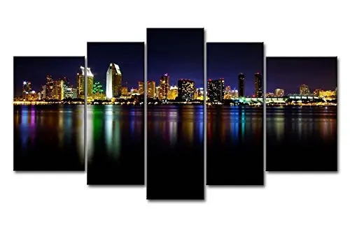 

City Landscape Paintings Wall Art San Diego Colorful Reflection Sea 5 Panel Picture Print on Canvas Drop shipping