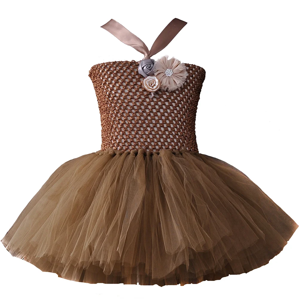 Brown Baby Girl Flower Tutu Dress Handmade Fluffy Children Birthday Party Dance Ball Gown for Girls Kids Halloween Costume | Детская