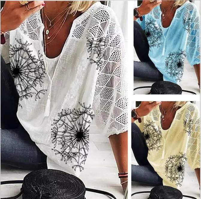 

loose women blouses 2022 summer V-neck hollow women blouse tops fashion casual printing five-point sleeve women shirt