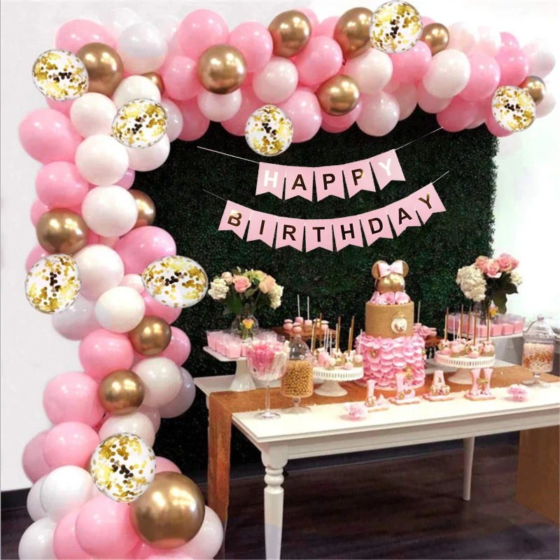

131 шт. воздушный шар, фотоэлемент, розовые, золотые, розовые, белые шары с конфетти, 16 футов, лента, лента, инструмент для завязывания, подвесно...