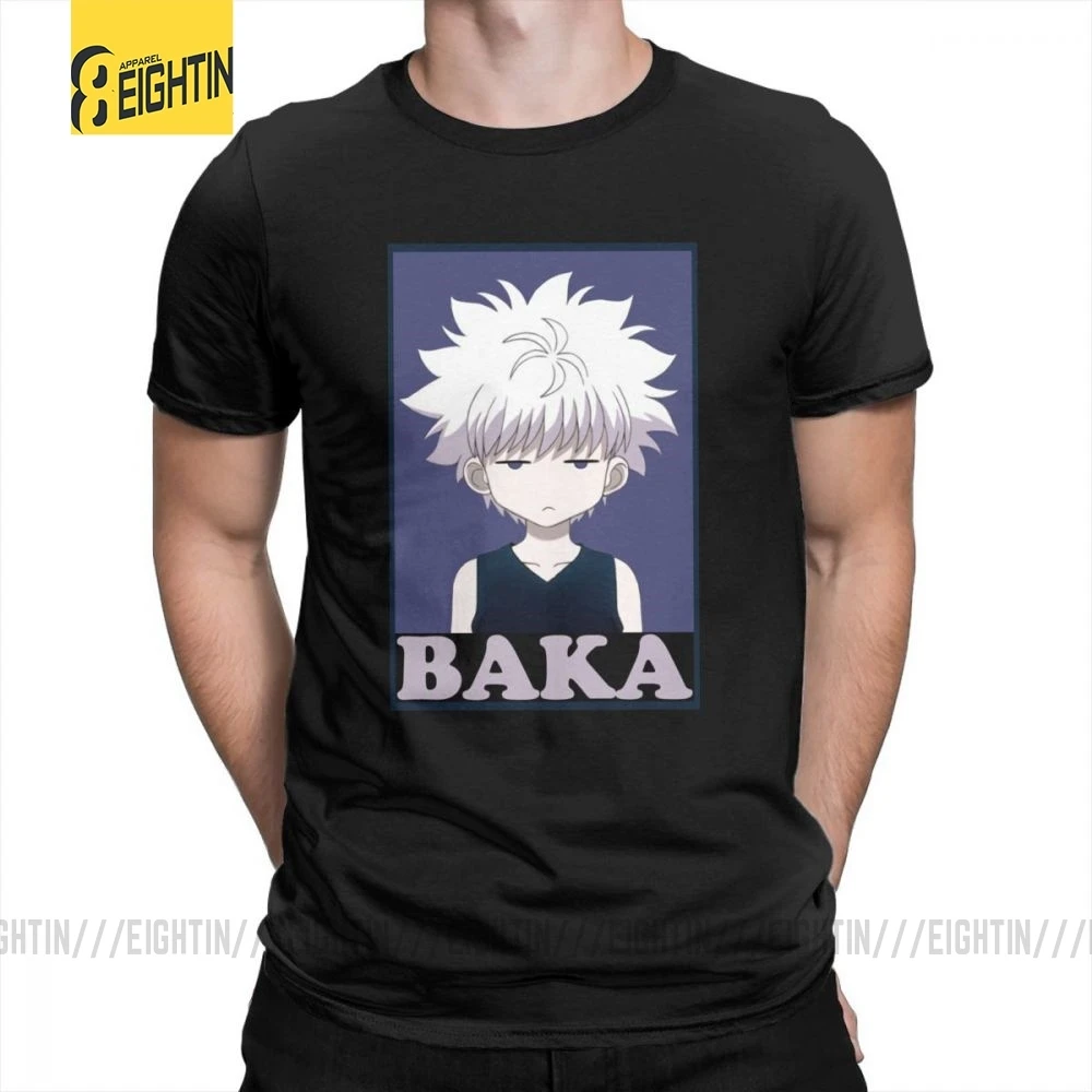 Охотник х Хантер футболки Killua Zoldyck Baka классический комикс о-образный вырез с коротким рукавом классический крой Чистый хлопок футболки мягкие мужские футболки - Цвет: Черный