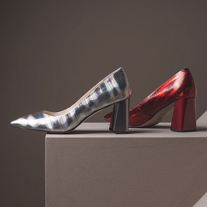 

ISNOM Print Genuine Leather Pumps Shoes Woman Square Toe Thick High Heels Pumps Women Shoes Dress Ladies Heels