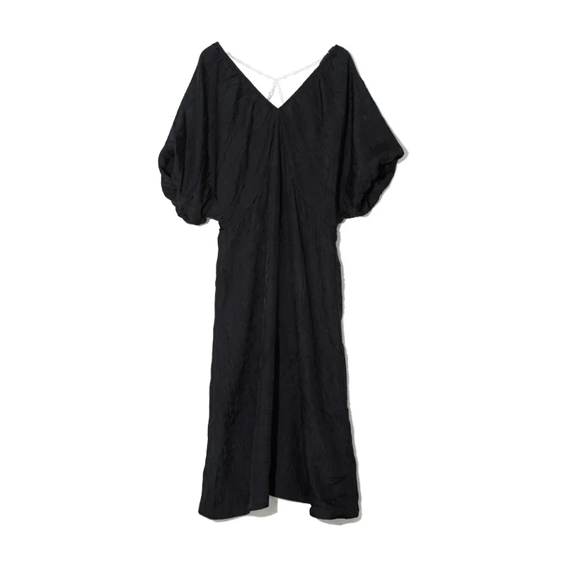

Backless Cross Pearl Chain Decoration Summer Dress V Neck Puff Sleeve Solid Jacquard Vestidos 2021 Chic Elegant Ol Ropa Mujer
