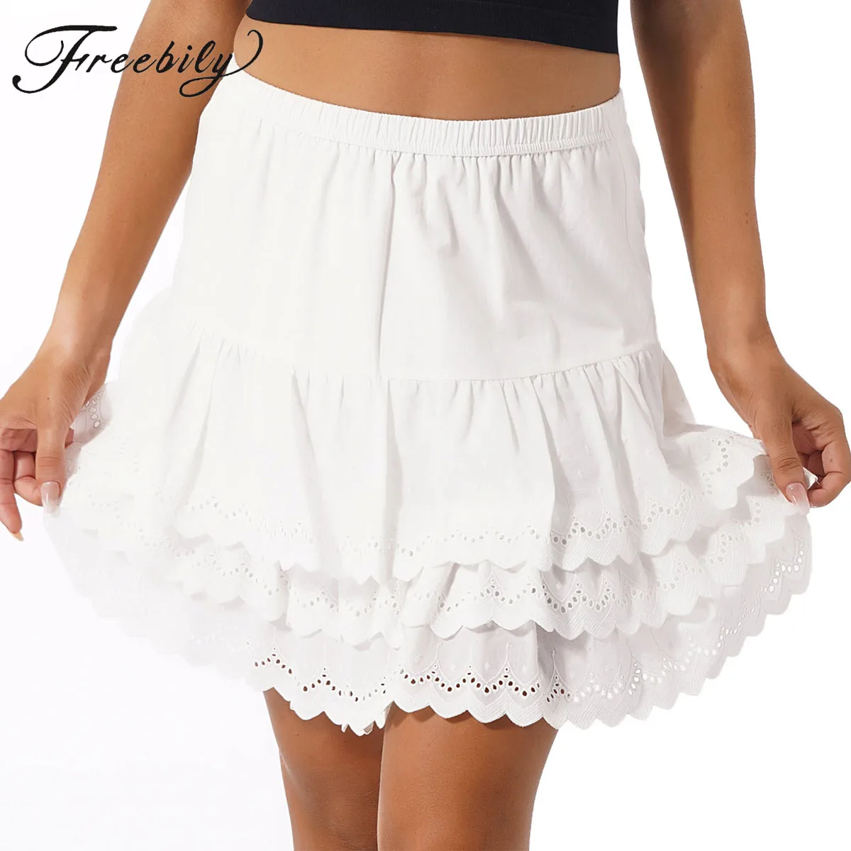 

Womens Solid Layered Ruffle Hem Flared Underskirt Slips Embroidered Cotton Half Slip Bottoming Skirt