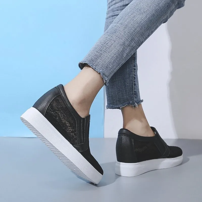 2021 White Women Shoes Summer Mesh Lace Women Casual Shoes Sneakers Breathable Hollow Flat Loafers Slip-On Height Increase Shoes