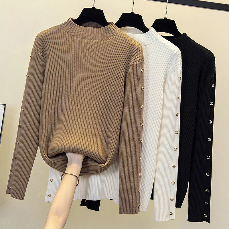 

Turtleneck Pullover Sweater Button Sleeve Women's Korean Style Loose Outer Wear Autumn And Winter New Korean Knitted Jumper