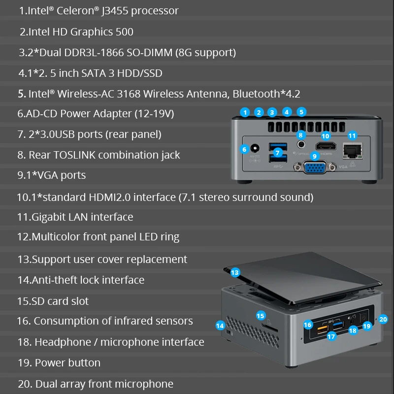 Мини ПК Intel NUC NUC6CAYH/HTPC Quad Core J3455 до 2 3 ГГц DDR3 WiFi Bluetooth 4k Поддержка двух мониторов Windows