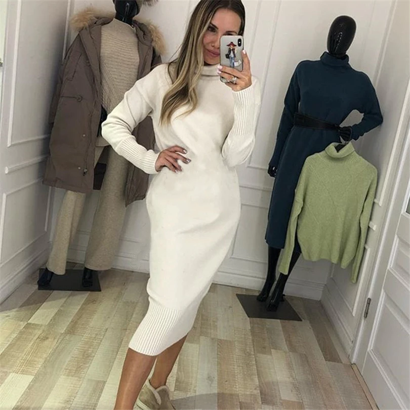 

TYHRU Autumn Women's Knit Dresses Fashion Solid Color High Collar Pullover Long Sleeve Knitted Dress