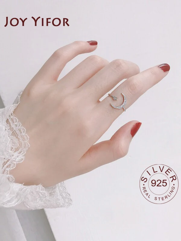 

Open Moon Star Student 925 Sterling Silver Temperament Personality Fashion Female Resizable Opening Rings