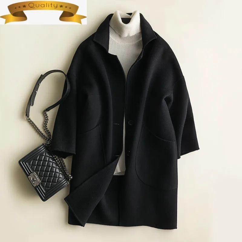 

Coat 100% Wool Double-sided Female Jacket Black Oversized Long Coat Korean Womens Coats Overcoat Manteau Femme SNJ1911 KJ4079