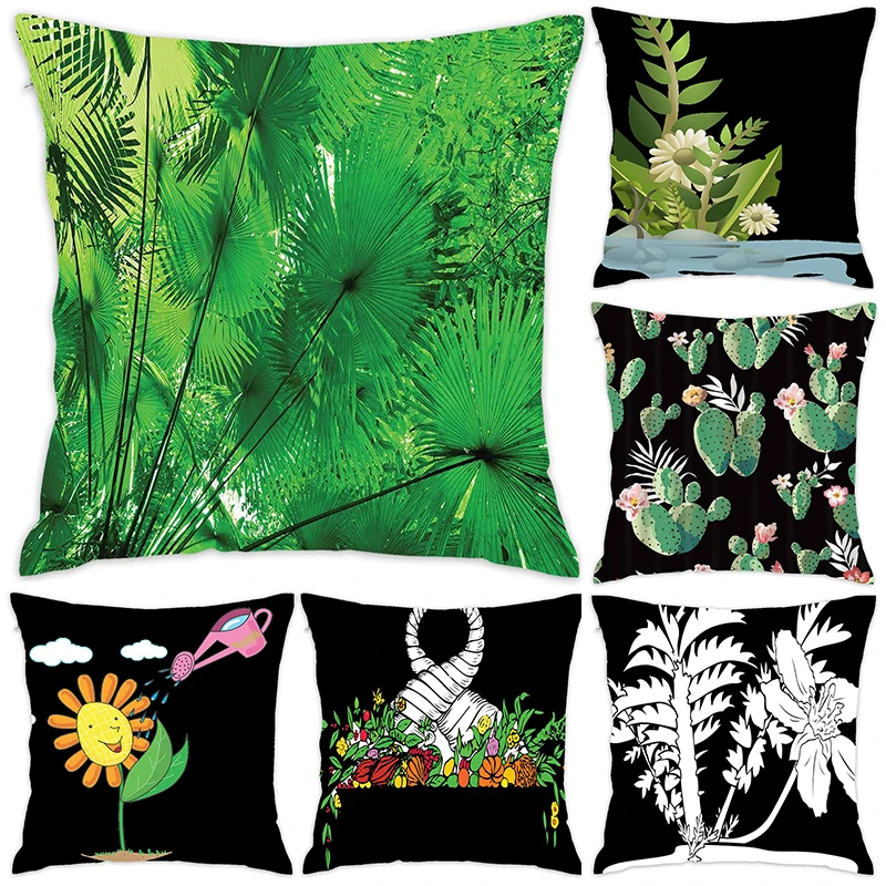

[Douladou] Tropical Plants Cactus Leaves Polyester Decorative Pillowcase Black Cushion Cover Throw Sofa Pillow Case 45x45CM