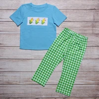 summer clothes blue short sleeve top and green plaid trousers three corn embroidery patterns toddler boy clothes