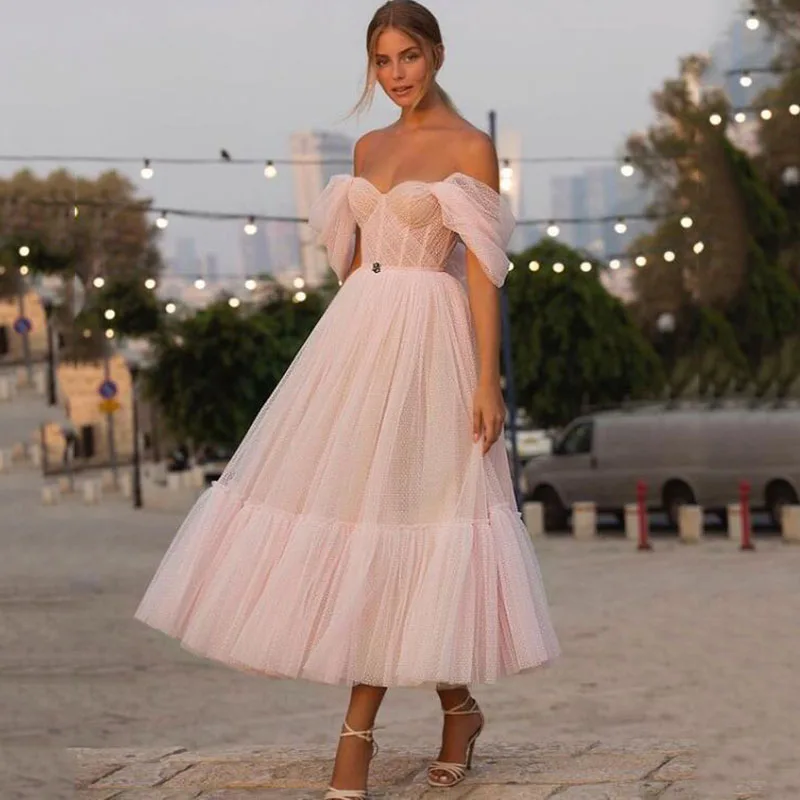 

LORIE Blush Pink Off the Shoulder Dot Tulle Short Wedding Dress A Line Sweetheart Elegant Tea Length Bride Gown Party Dresses