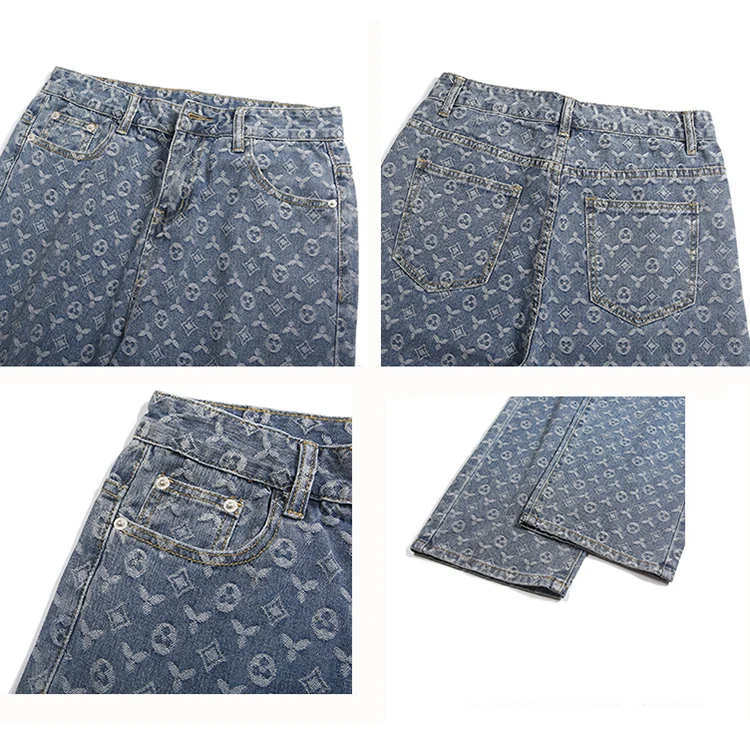 

American retro jacquard jeans men's summer thin Street ruffian handsome loose leg pants straight tube drop feeling mop pants