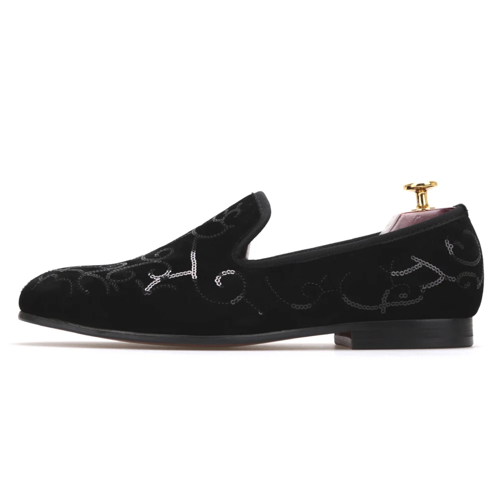 Piergitar Luxurious Sequin Black colors Men Velvet Shoes Wedding and Party men's loafers handmade men smoking slippers plus size | Обувь