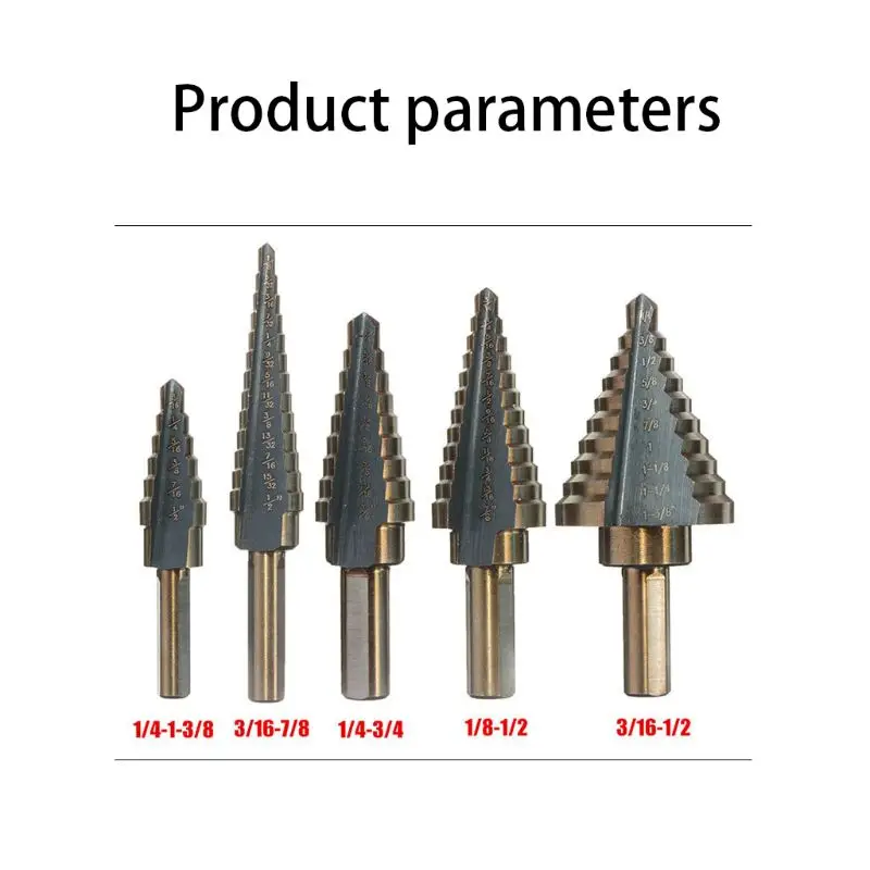 

5Pcs HSS Cobalt Hole Step Drill Drilling Bits Set Titanium Cutter Cone Tool with Aluminum Case 5 Sizes