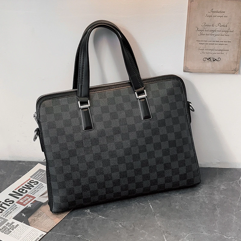 

Luxury Brand Plaid Briefcase Bags Men Laptop Business Bag Large Capacity Handbags Travel Bag Leather Office Shoulder Bag Tote