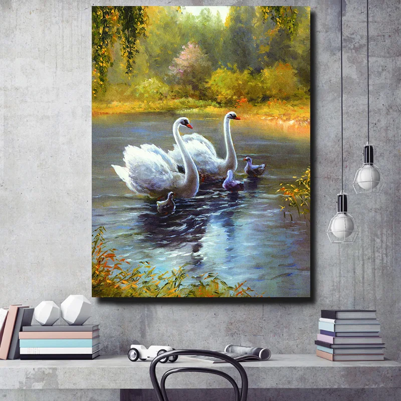 Лебеди плавают в озере канвас Масляные картины настенные гостиная офис