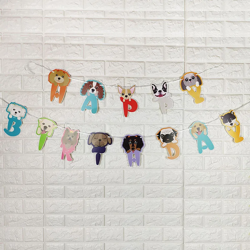 Cartoon cute animal banner bunting dog cat kitten with hat pull flag paper garland children birthday party decoration | Дом и сад