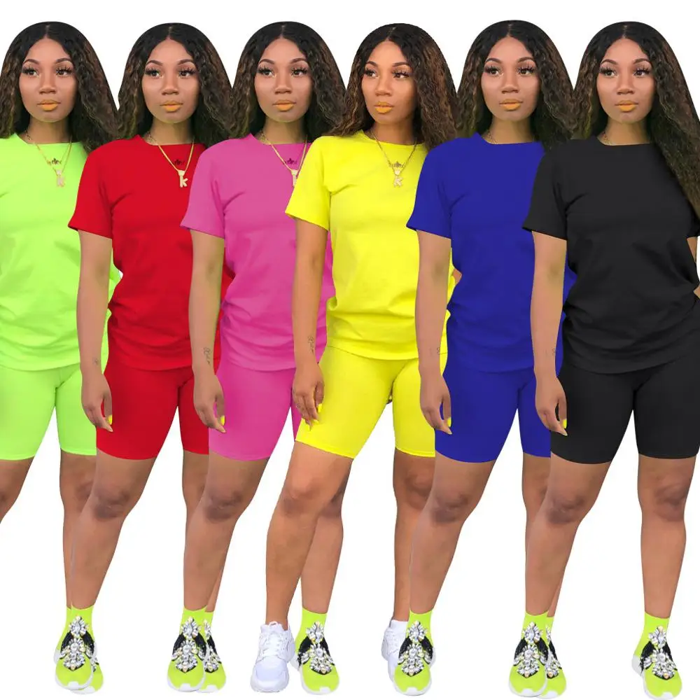 

Summer Two Piece Short Set Neon Green Women Short Sleeve Top And Short Outfits Tracksuit biker Suits Two Piece Matching Set