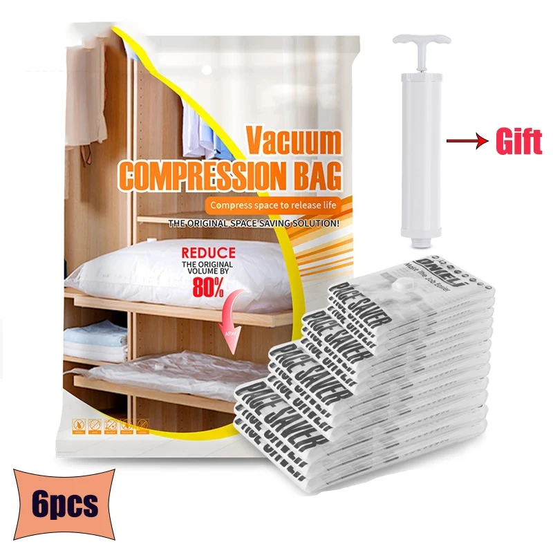 

6Pcs PA+PE Large Vacuum Compression Bag Business Trip Storage Clothes Finishing Bag Travel Standing Airtight Bag Set Save Spac