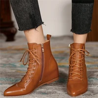 punk goth pumps shoes women lace up genuine leather wedges ankle boots female high top pointed toe oxfords shoes casual shoes