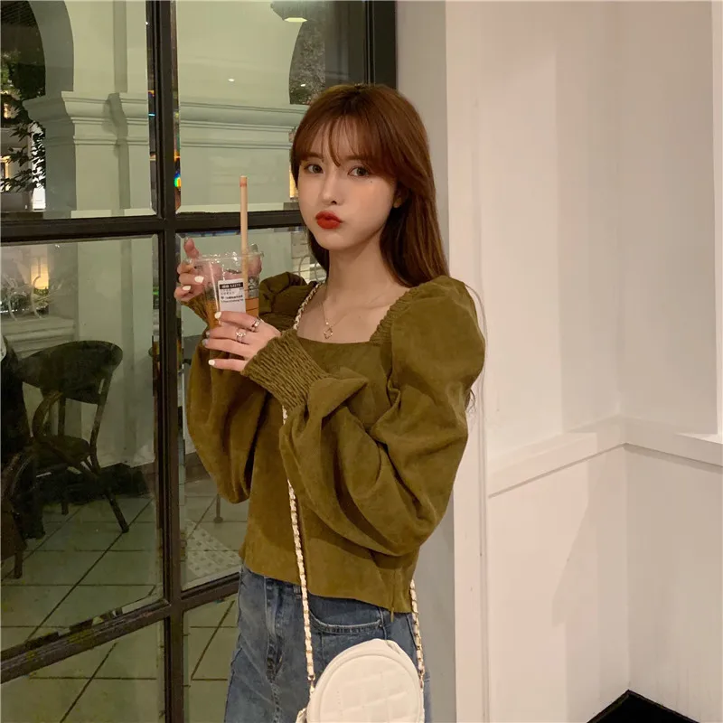 

Женская блузка с квадратным вырезом, однотонная, с длинным рукавом, с буффами, весна-осень