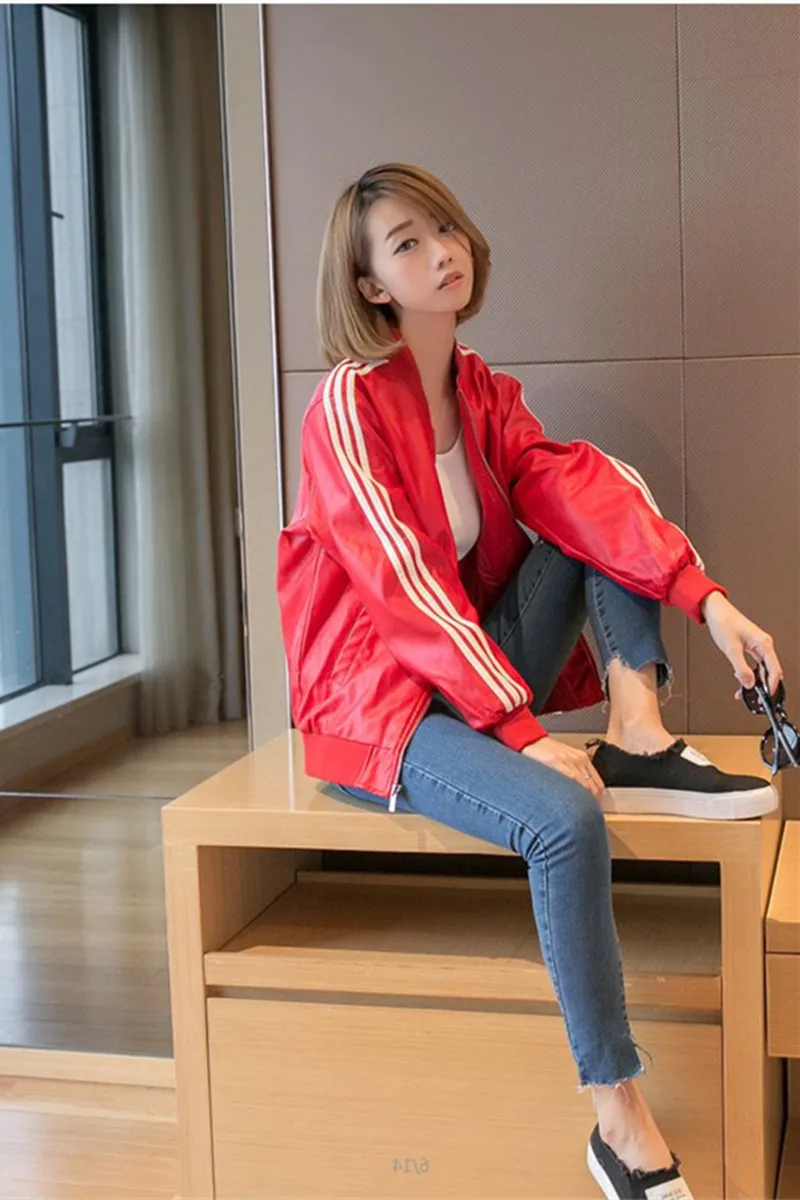 

Sheep leather jacket women's slim short baseball uniform full leather threaded jacket three bars Nissan zipper