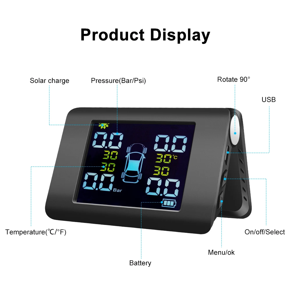 

TPMS Solar Power Tyre Pressure Monitoring System with LCD Real-time Display Car Tire Pressure Auto 4 Sensors Alarm System