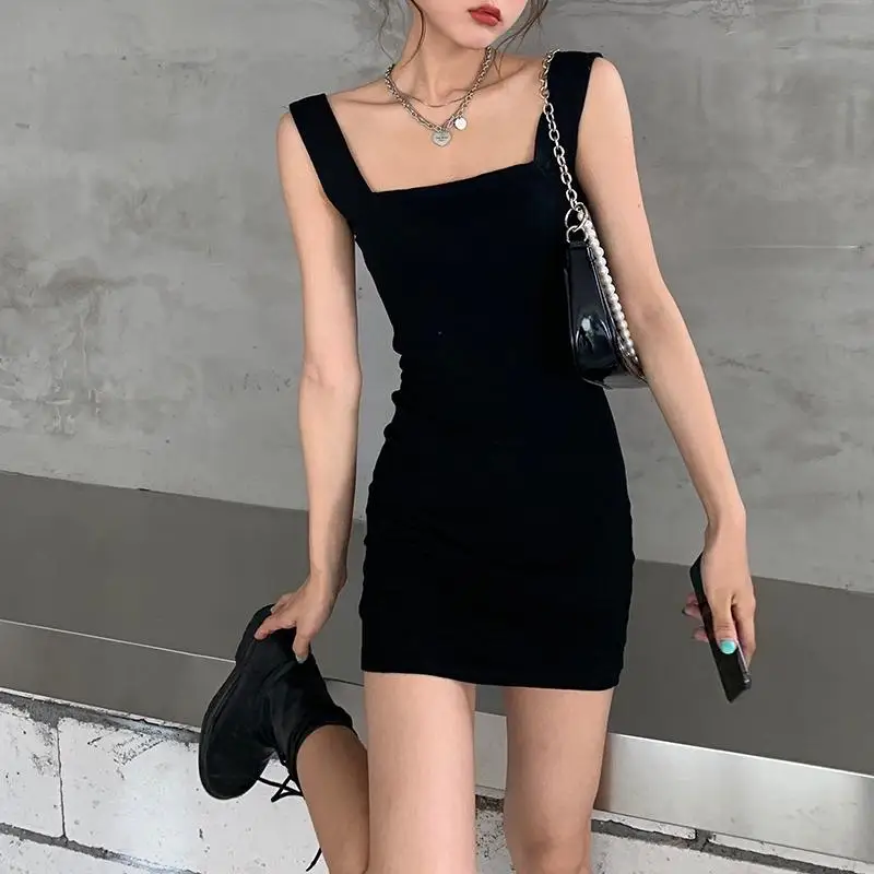 

Summer Dress 2020 New Sexy Temperament Waist-Controlled Square Collar Black Vest Sheath Dress Short Skirt Elastic Bottoming