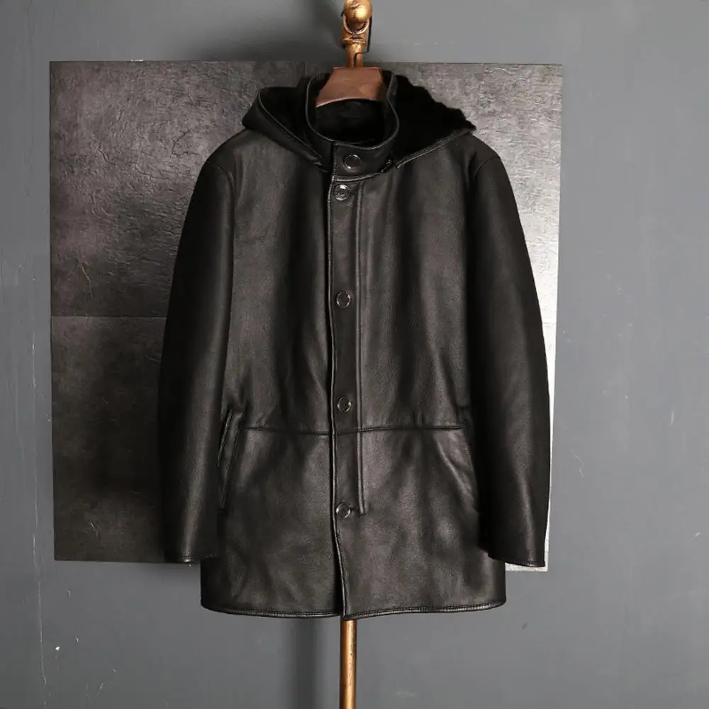 2019 Черная Мужская овчина с капюшоном мужская дубленка куртка меховое пальто