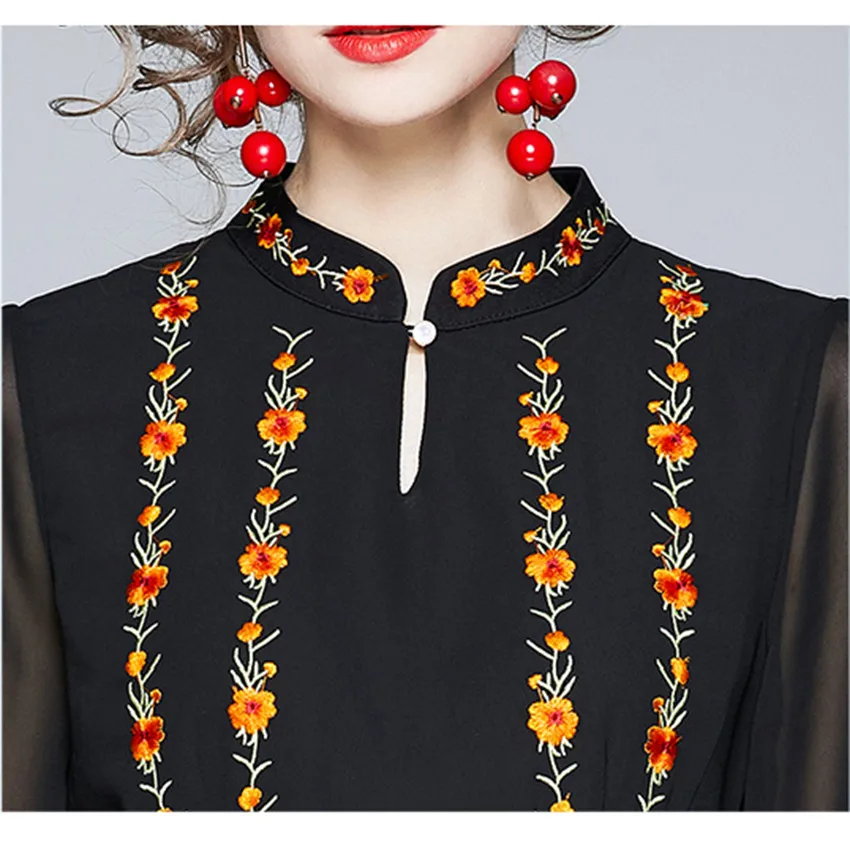 

2020 High Quality Floral Embroidery Dress Women Long Sleeve Vintage Black Bodycon Dress Lady Office Dresses European Fashion