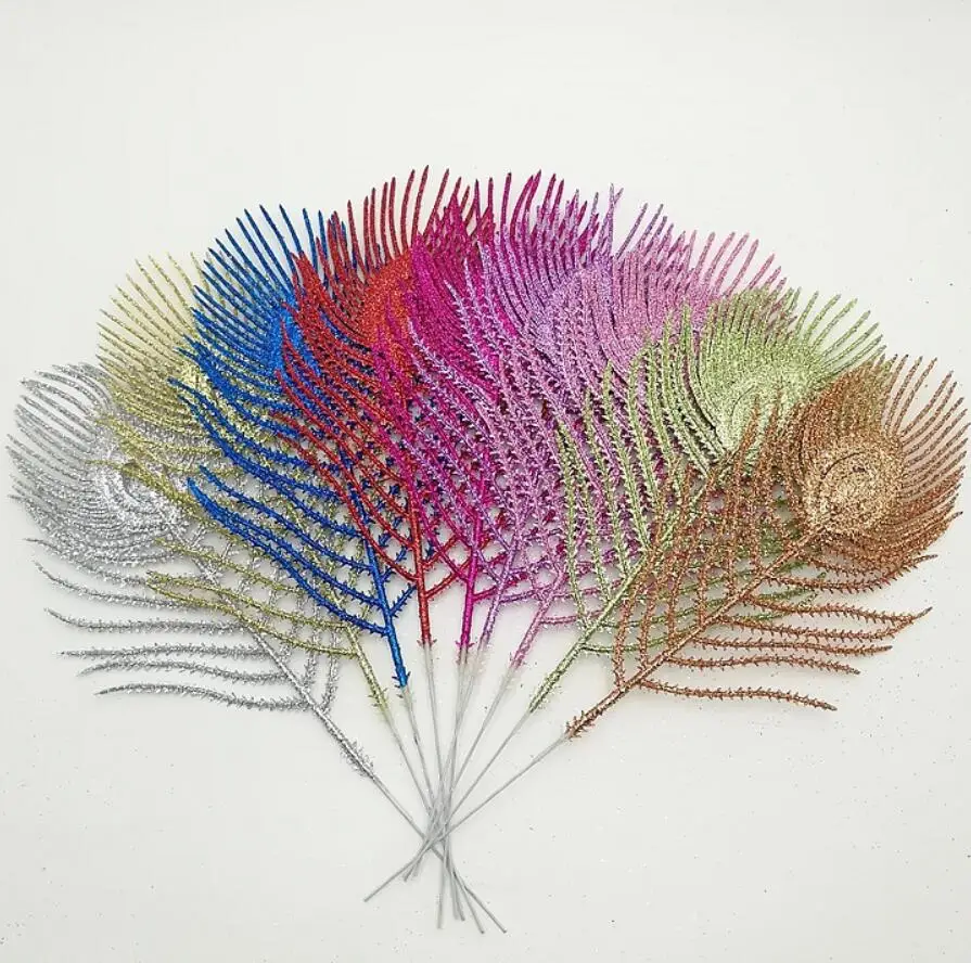 

20pcs Artificial Glitter Peacock Tail Leaf Branch For Flower Arrangement Wedding Christmas Tree Party Home Garden Decoration