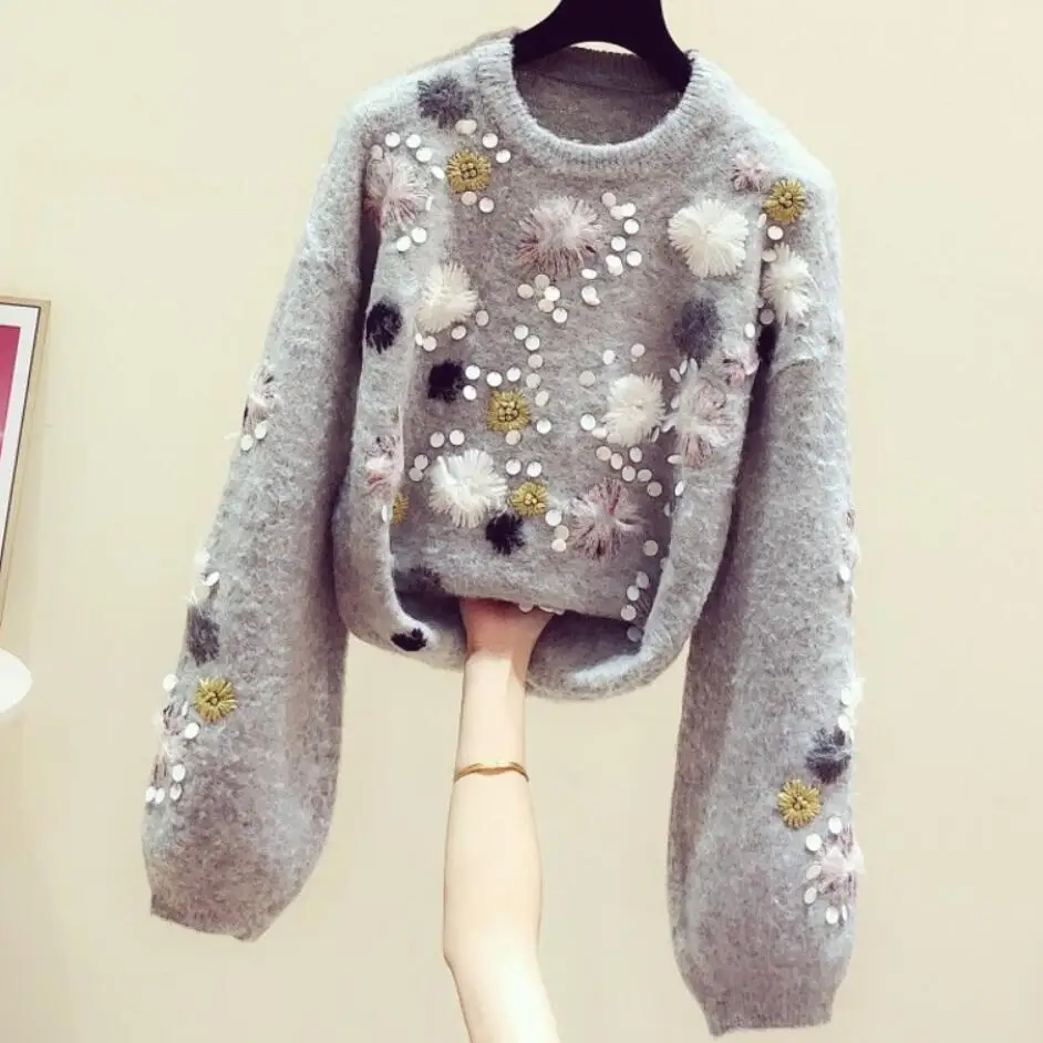 

Autumn winter new fashion heavy industry embroidery sequins sweater women o-neck lantern sleeves knitted pullover sweater