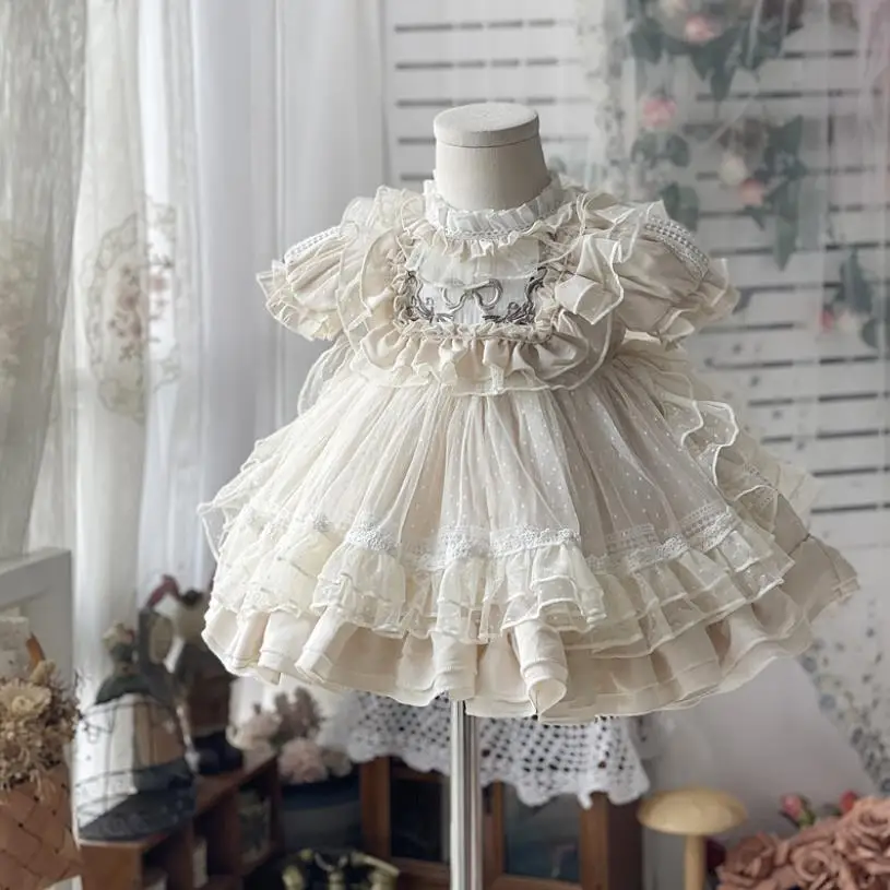 

Spanish Vintage Lolita Baby Girls Dress Lace Mesh Print Birthday Party Easter Cute Princess Dresses For Girl 12M-6T A164