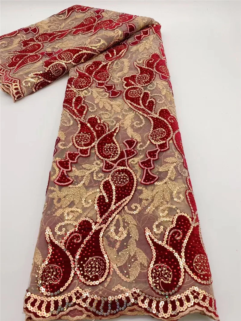 

PGC African Velvet Lace Fabric 2021 High Quality Lace With Stones Nigerian French Sequins Lace Fabrics For Party Dress NI5740-1