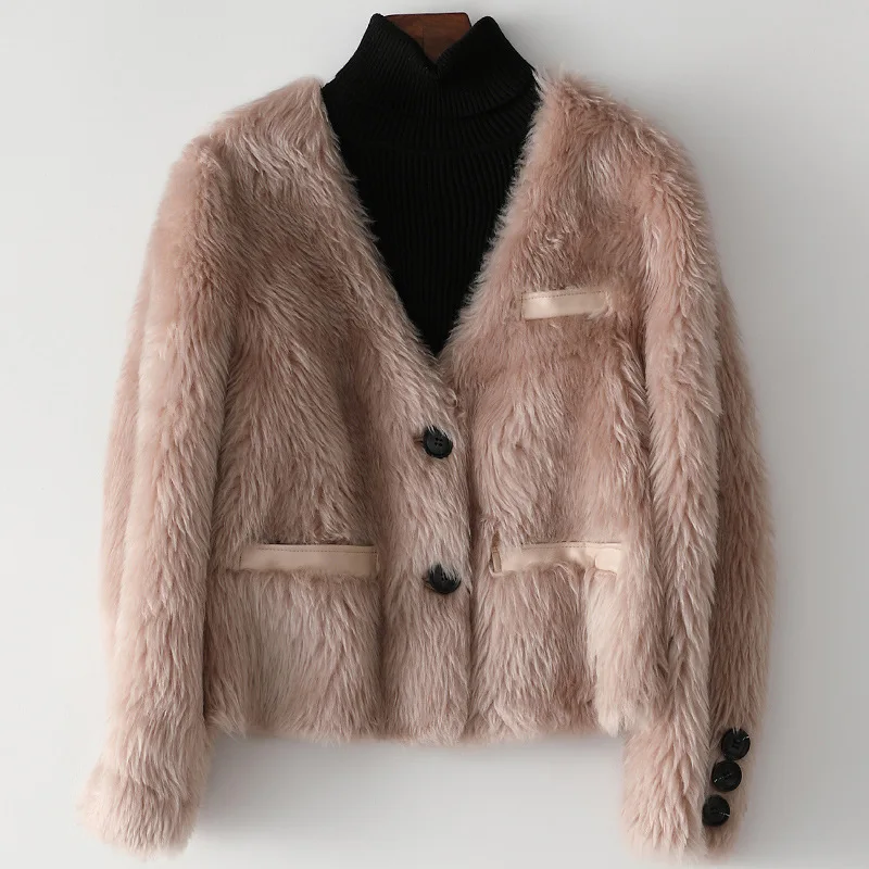 Winter Slim Women Wool Fur Coat Fashion Short Cashmere Jacket Simple Multicolor Options Sexy V-Neck Pocket Female Warm Clothes
