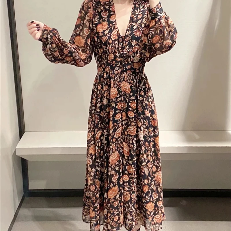 

PUWD Casual Woman Slim Printed V Neck Chiffon Long Dress 2021 Spring Fashion Ladies Vacation Dresses Female Elegant Draped Dress