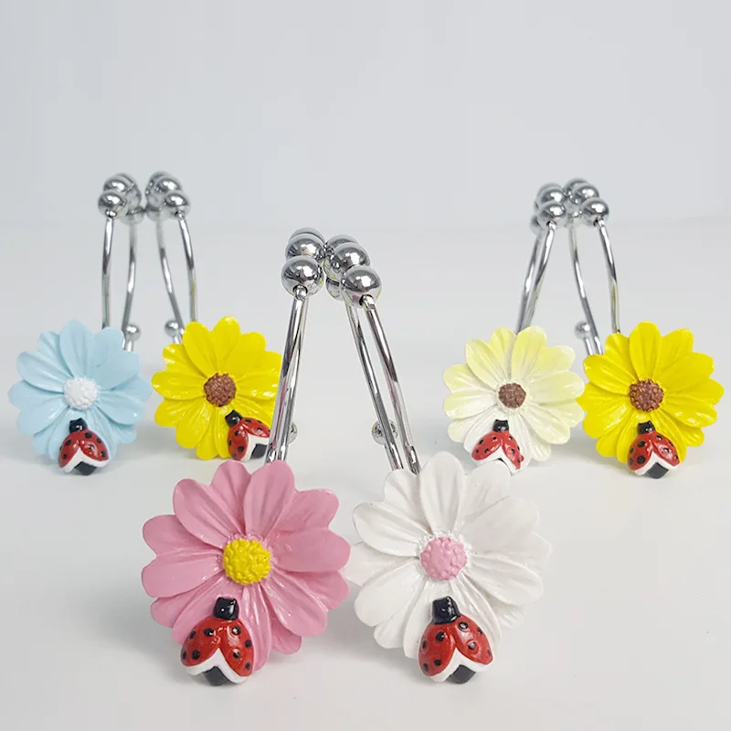 Ganchos de cortina de ducha con forma de Margarita de Ladybug, ganchos de cortina de ducha decorativos para ba&ntilde;o, ganchos dobles, gancho de cortina de Metal a prueba de &oacute;xido-0