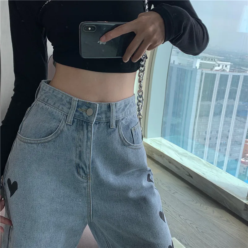 

Spring Autumn New Pantalon Pour Femme High Waist Loose Love Pattern Light Color Casual Wide-Leg Jeans Trousers Women's Clothing