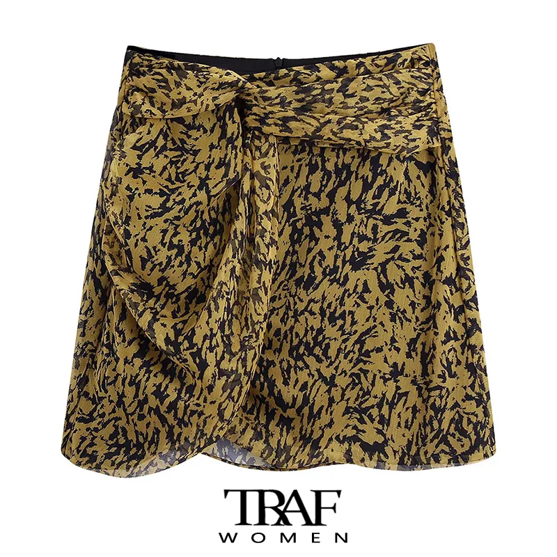 

TRAF Za Women Fashion With Knot Printed Draped Mini Skirt Vintage High Waist Back Zipper Lining Female Skirts Mujer