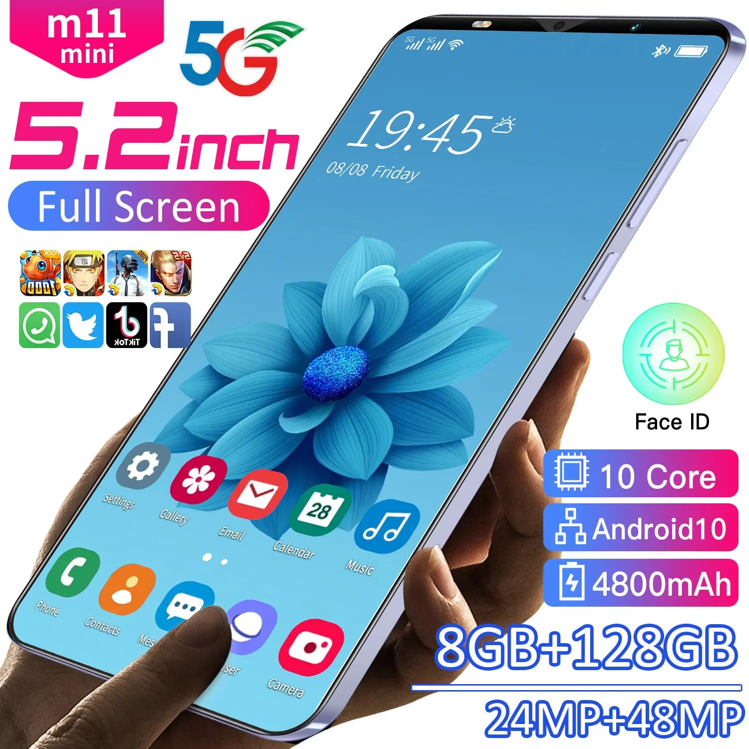 

M11 Mini 5.2 Inch 8+128gb Andriod 10.0 4800mah Deca Core Cheap Smart Phone 2021 New Face Fingerprint Identification Cell Phone