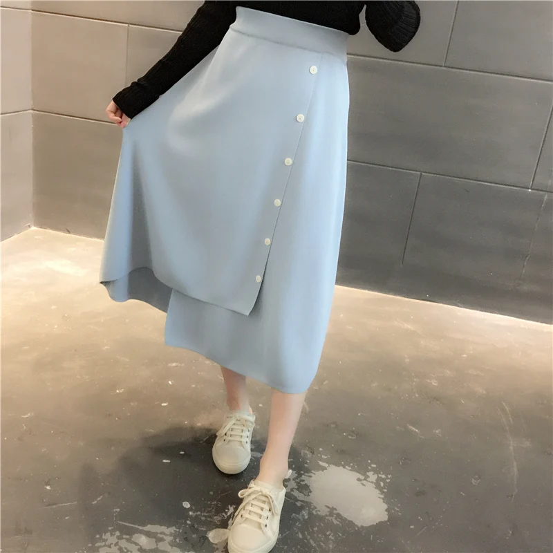 

19895 solid irregular button mid length skirt