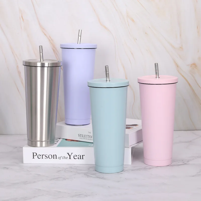

750ML 304 Stainless Steel Straw Cup Large Capacity Vacuum Solid Color Coffee Mug Tumbler Cup