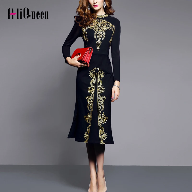 Женское осеннее винтажное сексуальное платье с разрезом и вышивкой женское