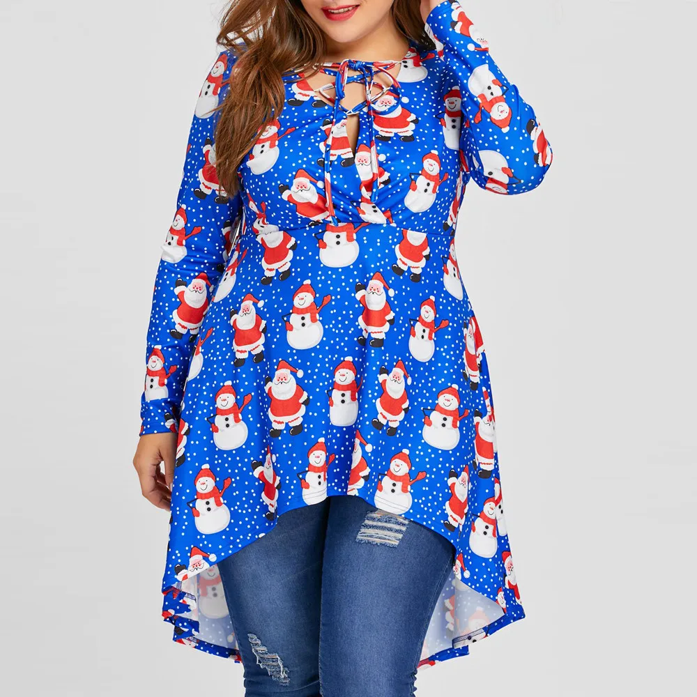 Женская футболка размера плюс Рождественская Футболка с принтом Санта Клауса и v