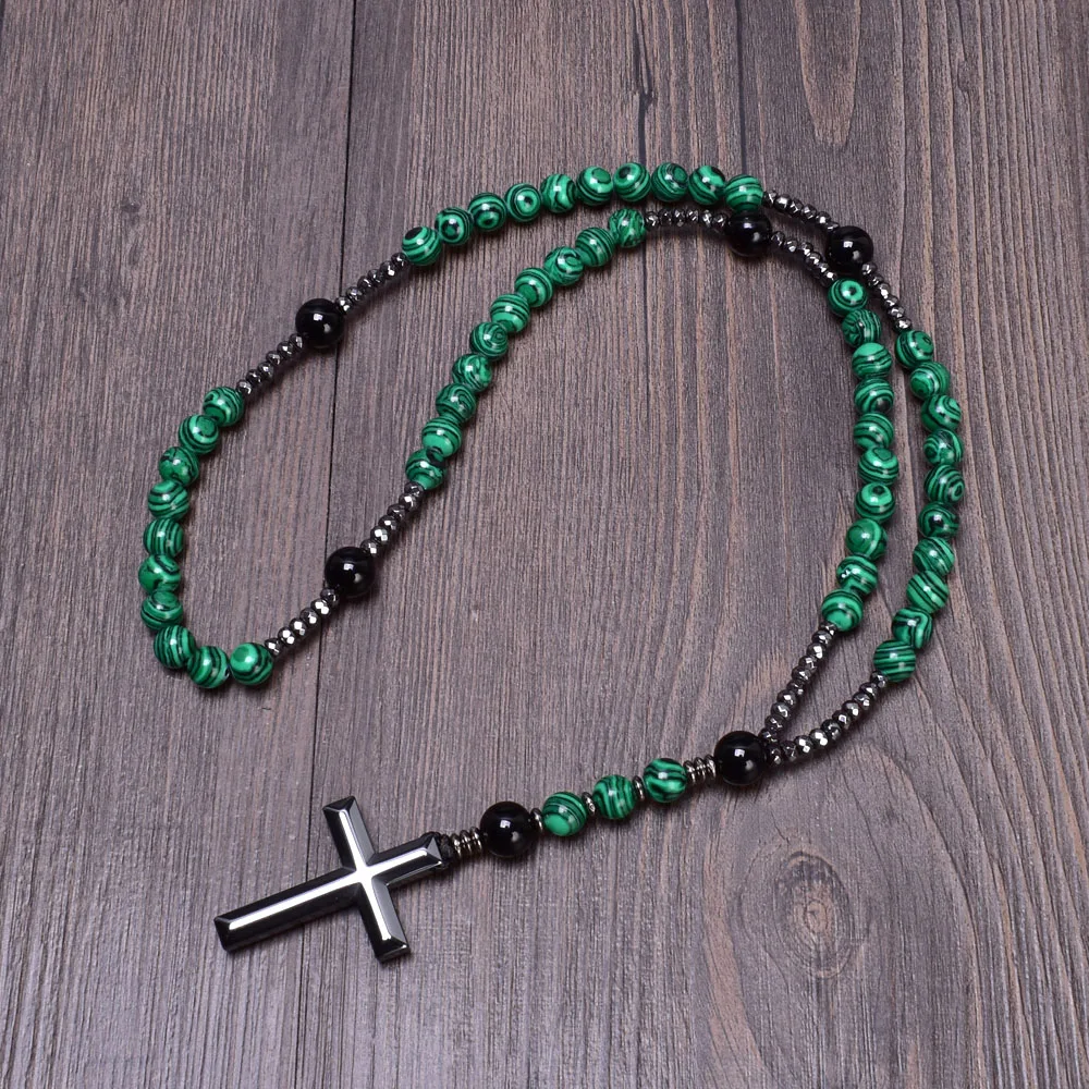 

Malachite Christ Rosary Necklaces Chrysocolla Mala Jewelry Cross Pendant Necklace for Men Women Wholesale Dropshipping